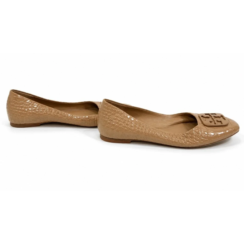 Tory Burch Ballet Flats Women 9M Tan Good Croc Embossed Logo Square Toe